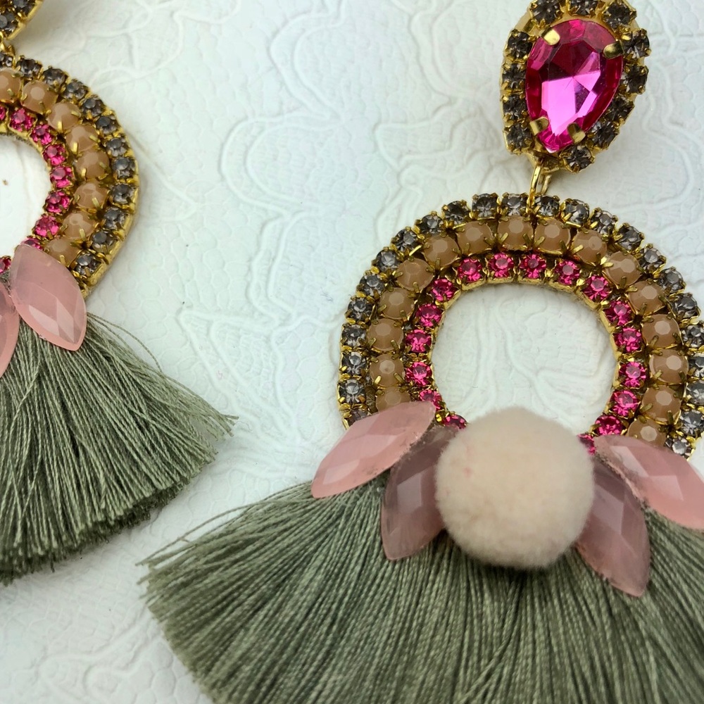 Grey Gray Pink Chandelier Hoop Statement Earrings